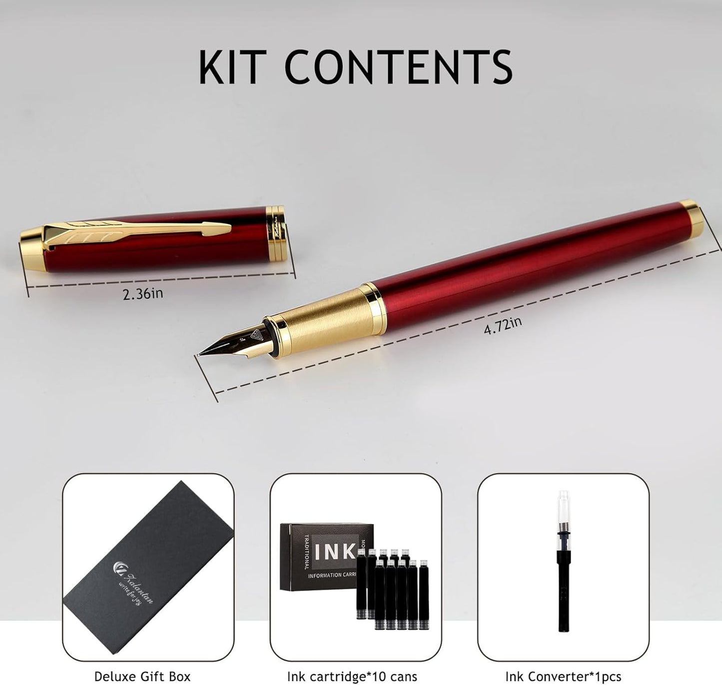 Fountain Pen, luxury Fine point smooth writing pens for journaling fancy pen with Gift Case 8 black ink cartridges an ink converte an EF nib nice pens writer gifts-Matte Red