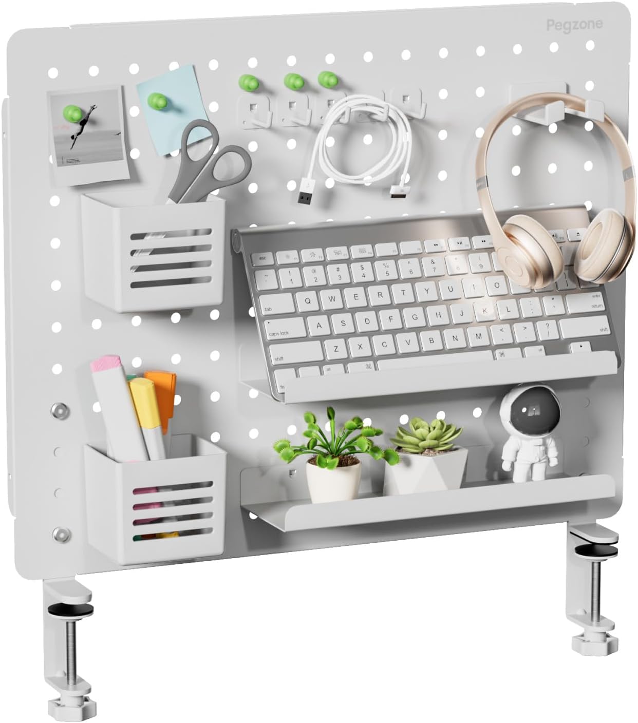Clamp-on Desk Pegboard, Desk Organizer for Office Gaming Home, Magnetic Metal Peg Board with 15 Accessories, Privacy Panel for Office, 20.4" x 16.5", Large, White