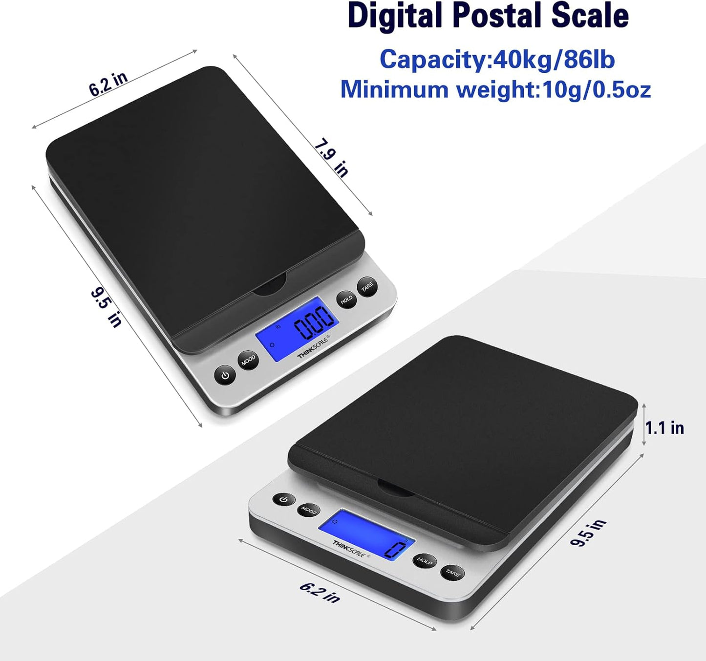 THINKSCALE Shipping Scale, 86lb Postal Scale with Hold and Tear Function, 5 Units, Auto-Off, Postage Scale for Packages Mailing Small Business, AC Adapter & Battery Included