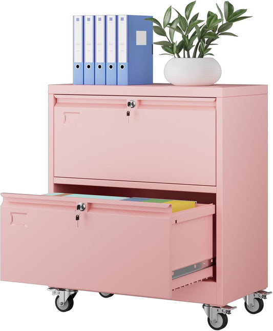 Aobabo Metal 2 Drawer Lateral File Mobile Cabinet with 2 Lock, File Cabinet with Wheels and Adjustable File Bars for Office, Home, for Letter/Legal Size, Pink, Assembly Required