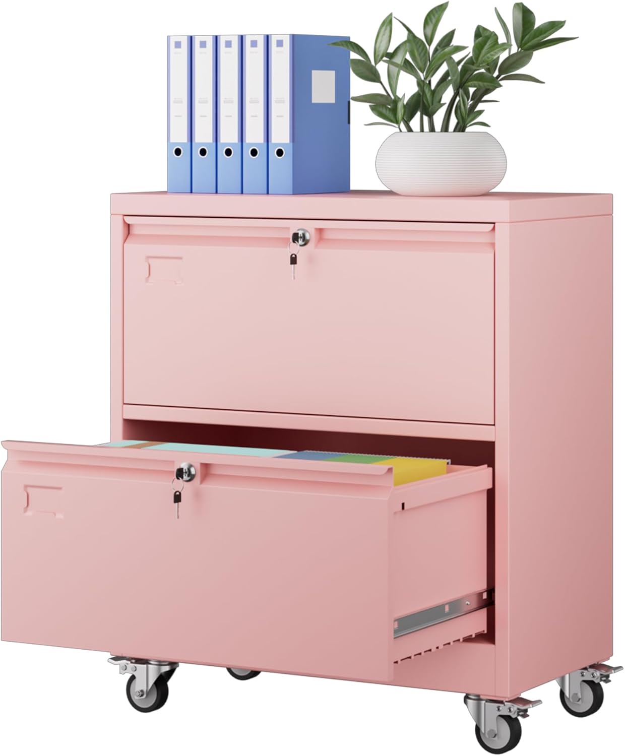 Aobabo 2 Drawer Wide File Cabinet with Wheels, Lockable Metal Filing Cabinet for Home Office, Legal/Letter Size,Pink,Required Assembled,15.87" D x 28.94" W x 34" H