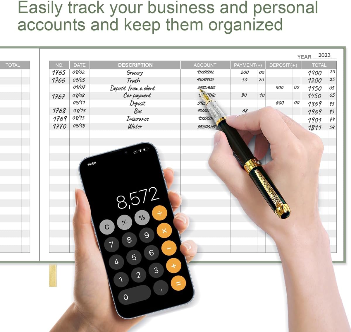 Accounting Ledger Book - Ledger Book for Small Businesses Bookkeeping & Personal Use, Expense Tracker Notebook for Tracking Money, Expenses, Deposits & Balance, 7" x 10", Green