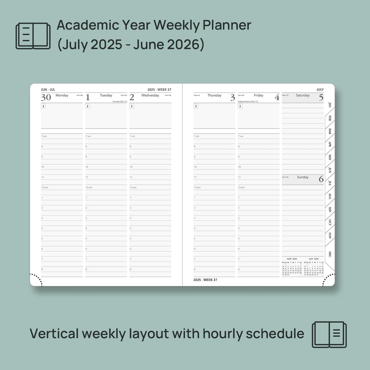 POPRUN Planner 2025-2026, (Medium 6.5'' x 8.5'' Hard Cover) Academic Calendar (July 25-June 26) Daily Weekly and Monthly Appointment Book with Hourly Time Slots, Monthly Tabs, 100 GSM - Light Yellow