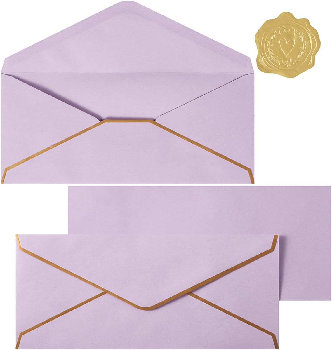 30 Pack Thick #10 Business Envelopes with Gold Border, 4 1/8 x 9 1/2 Thick Paper Standard Envelopes with Stickers for Office, Checks, Letter Mailing, Invoices (Light Purple)
