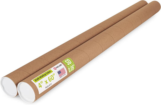 4" x 60" Reinforced Kraft Paper Mailing Tube, Pack of 2 Tubes with 2 Caps – Secure USPS Approved Poster Tube – Cardboard Tube for Shipping and Storing Posters, Prints, Artwork, or Documents