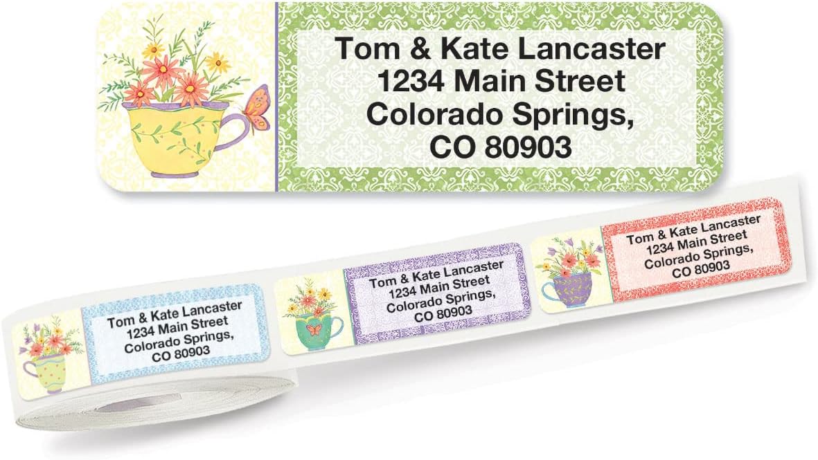 Teacups Rolled Personalized Return Address Mailing Labels with Dispenser, Set of 250, 5 Designs, Small ¾ x 2½ Inch Size, Custom Self-Adhesive Sticker Roll, by Colorful Images