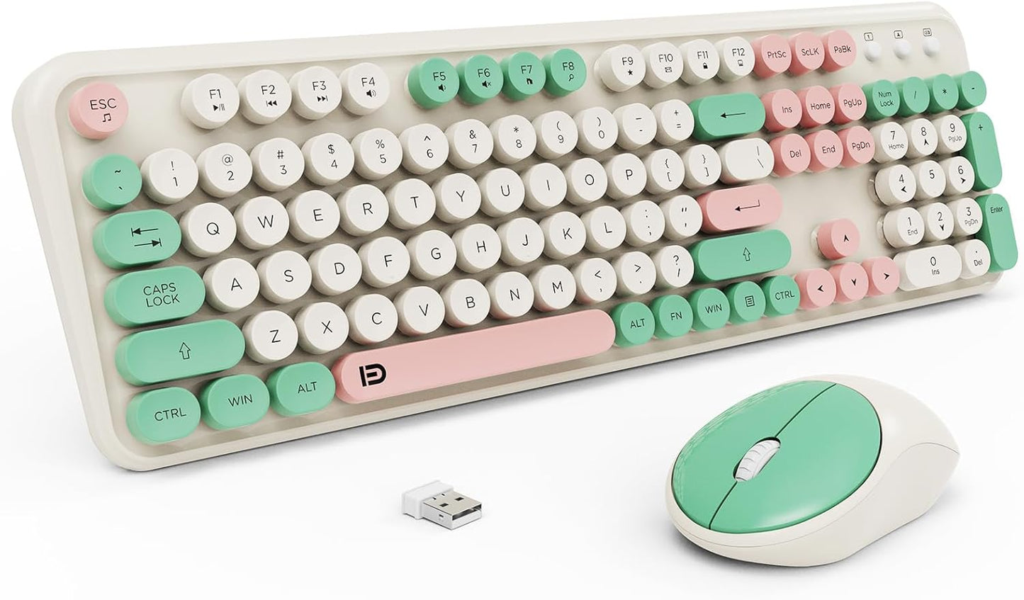 Keyboard and Mouse Wireless,2.4Ghz Retro Typewriter Style Round Keycap,Full Size Wireless Keyboard Mouse Combo,Cute Cordless Keyboard Mouse Set for PC Laptop Desktop Computer-Milk White Green Colorful