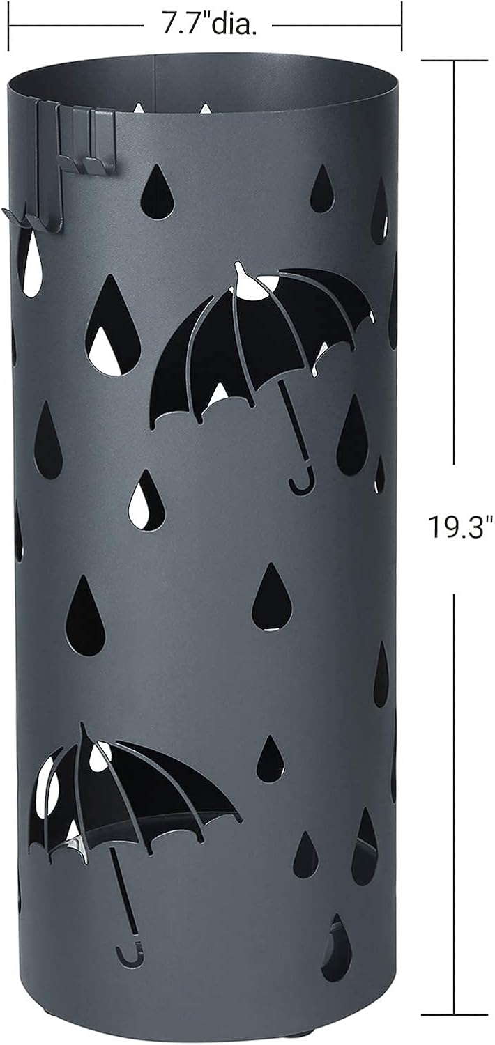 SONGMICS Umbrella Stand, Metal Umbrella Holder for Entryway, with Water Tray and 4 Hooks, 7.7 x 7.7 x 19.3 Inches, Round, Anthracite Gray ULUC23AG