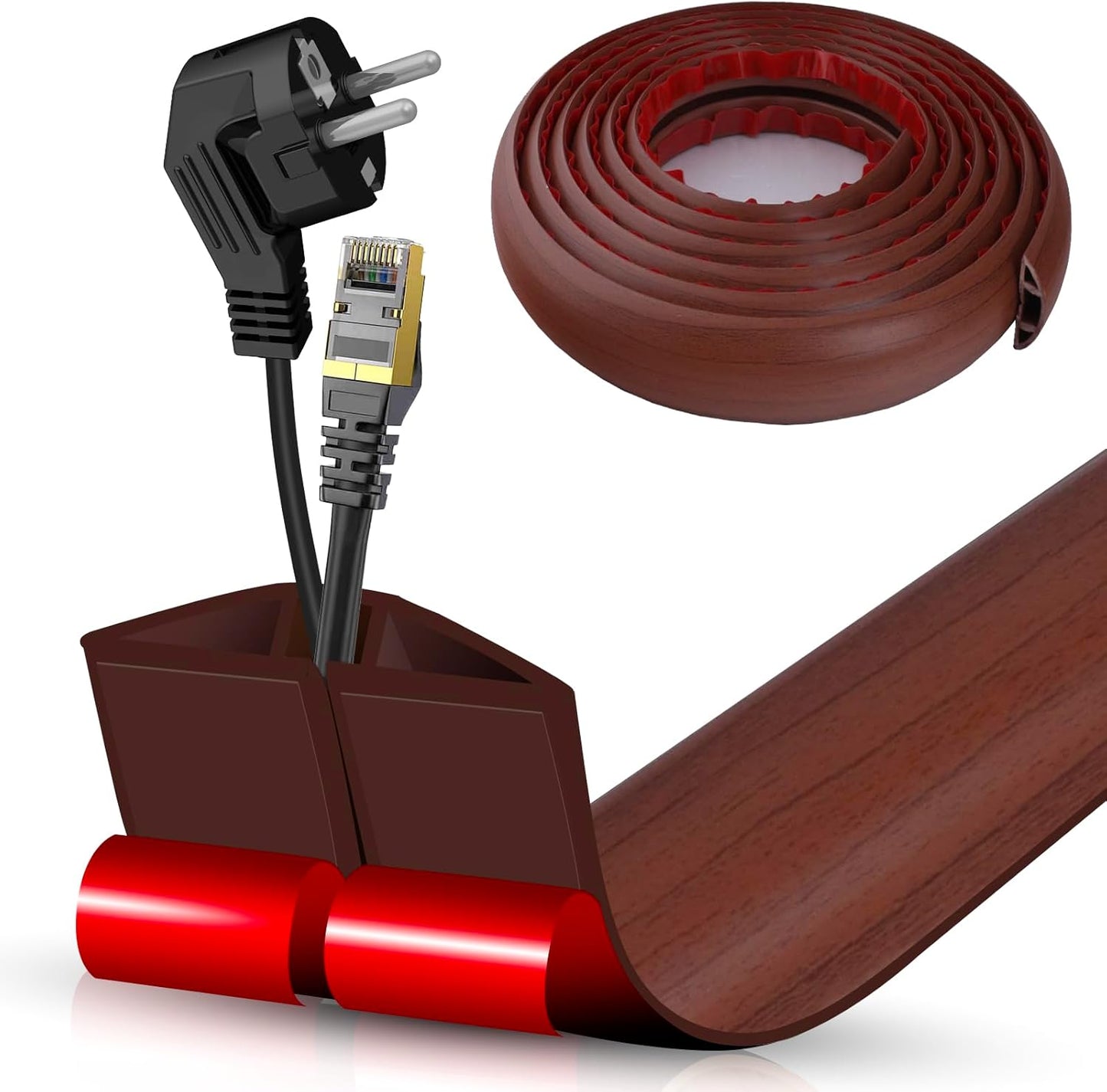 Floor Cord Cover Self Adhesive Cord Hider,10FT Cable Management, Extension Strip Protector for Wires, Prevent Cable Trips for Offices, Gyms, Exhibitions Cavity:0.47"(W) x0.35(H) Wood Red Teak