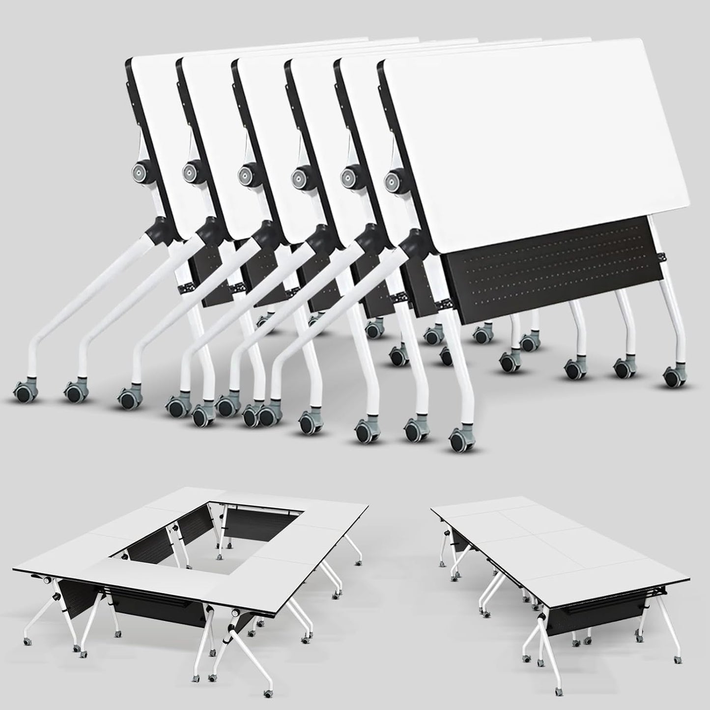 Conference Table, Folding Conference Room Tables, Mobile Training Tables with Silent Wheels, Large Rectangular Modular Seminar Table Office Computer Desks for Classroom White (6Pack L47.2in)
