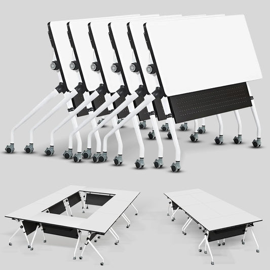 Conference Table, Folding Conference Room Tables, Mobile Training Tables with Silent Wheels, Large Rectangular Modular Seminar Table Office Computer Desks for Classroom White (6Pack L47.2in)