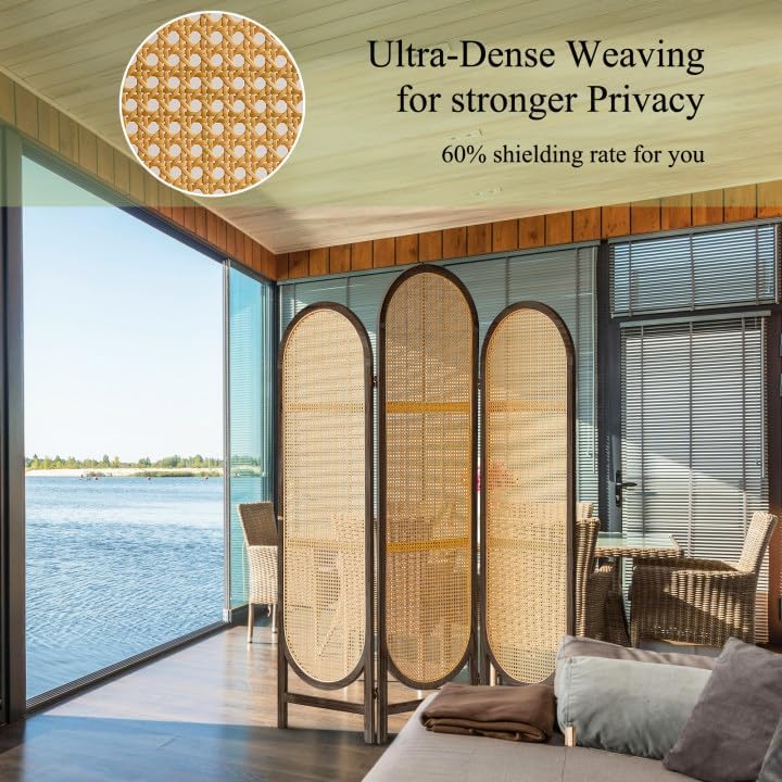 Room Divider Panel, 3 Panel Roomdivider Wall, Wood Room Dividers and Folding Privacy Screens, Rattan Partition Room Dividers, Privacy Dividers for Rooms, Bedroom, Dining Room, Dark Brown