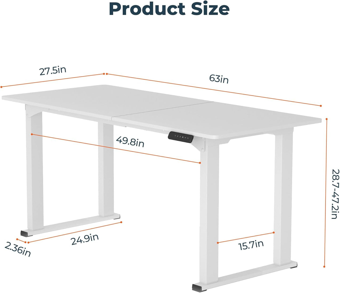 4 Legs Standing Desk, Large 63x28 Inches Electric Adjustable Height Desk with Splice Board, Stand Up Desks Home Office Computer Workstation, White