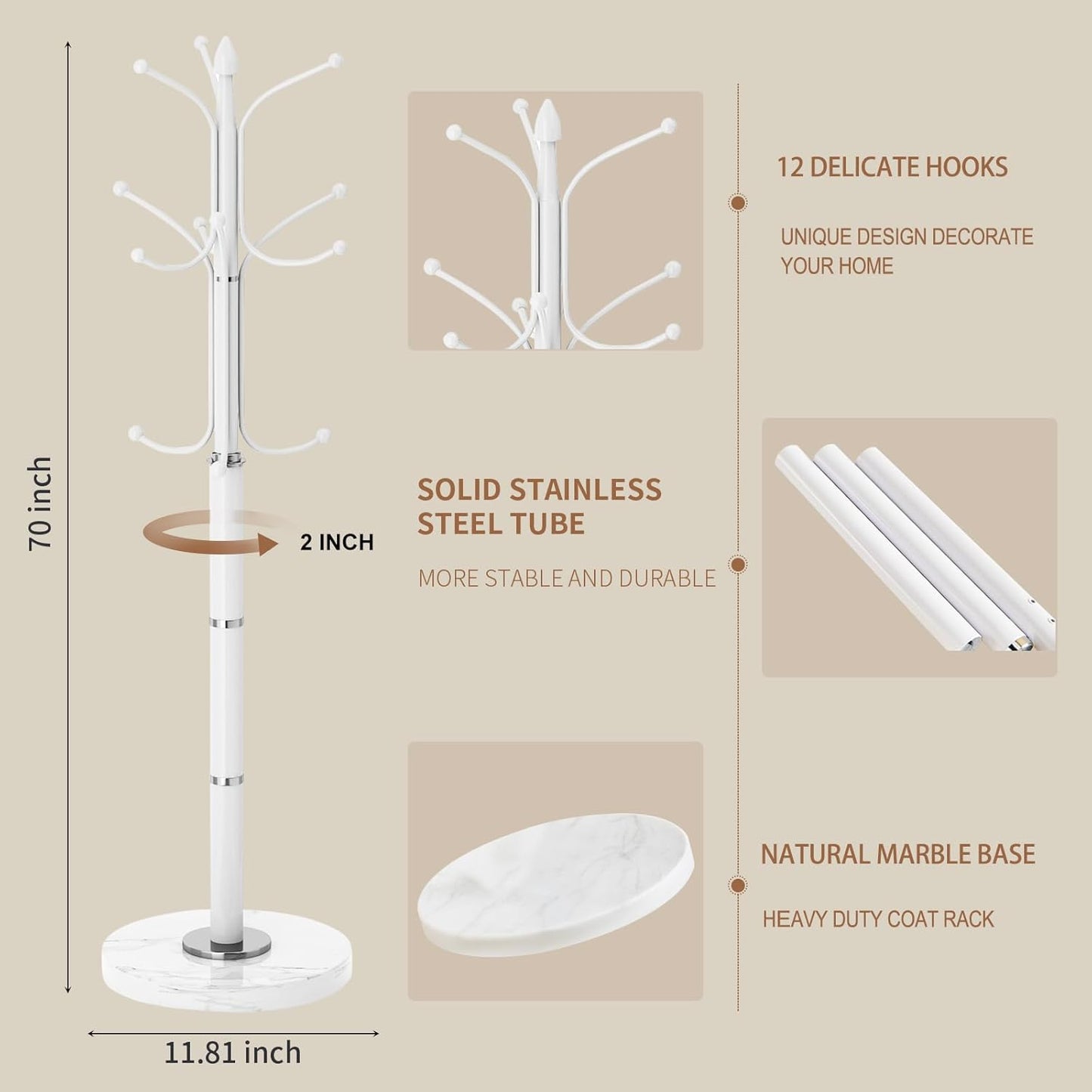 Modern Metal Coat Rack Stand, Coat Rack Freestanding with Natural Marble Base, Sturdy Heavy Duty Coat Racks with 12 Hooks, Coat Hall Tree Stand for Entryway, Office (12 HOOKS-White)