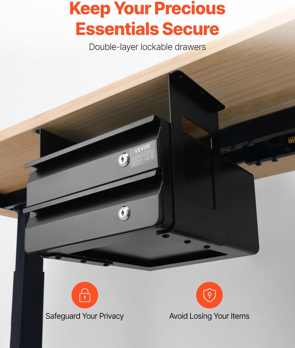 VEVOR Under Desk Double Stacked Lockable Slide Out Drawer, 13 inch Lockable Under Table Pull-out Drawer Attachment for Sit Stand Workstation, Secure Under Desk Storage Organizer, Black