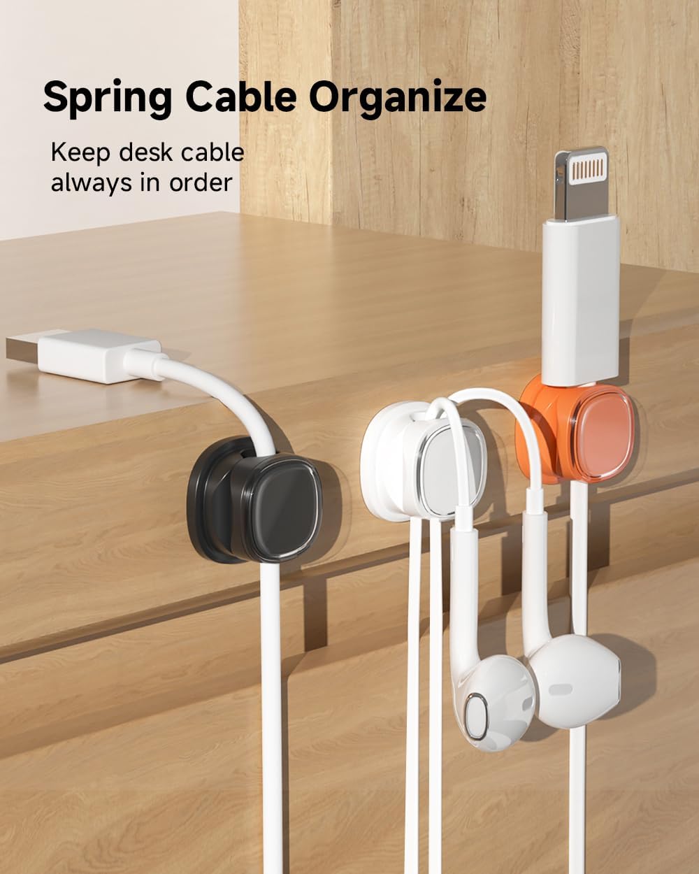 9 Pack Cord Organizer, Spring Cable Management, Adhesive Cute Cable Holder Clips, Phone Charger Wire Keeper for Desk Nightstand Car Office (9-Pack White_Orange_Black)
