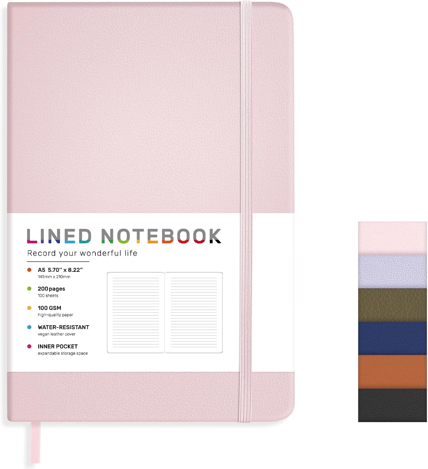 Lined Journal Notebook for Women Men, 200 Pages A5 Hardcover Leather Journals 5.7” x 8.3”, A5 College Ruled Notebooks with 100 GSM Thick Paper for Writing,Travel,School,Office,Work,Business（Pink）