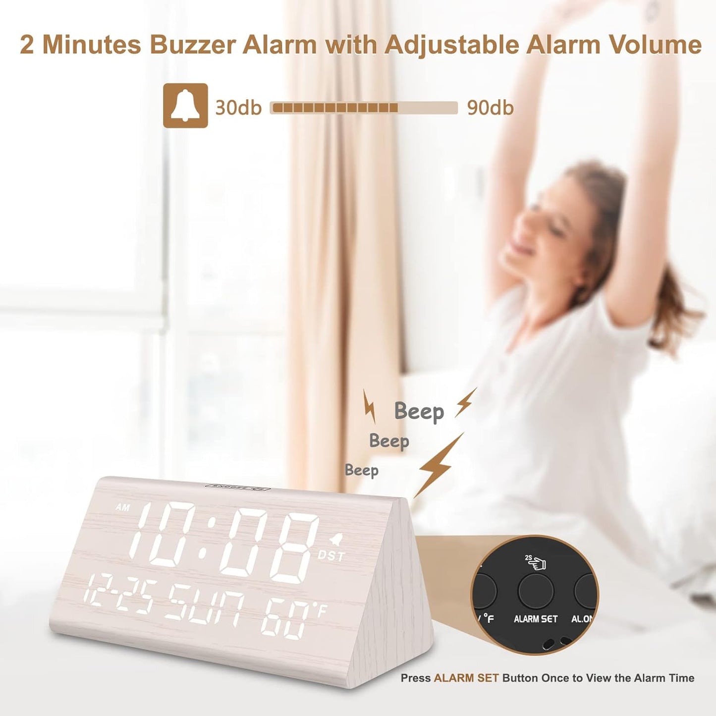 DreamSky Digital Alarm Clocks for Bedrooms - Wooden Desk Clock with Date, Day of Week, USB Port, Temperature, Dimmer for Bedside Table, Living Room, Office, Adjustable Volume, Auto DST, Wood Decor