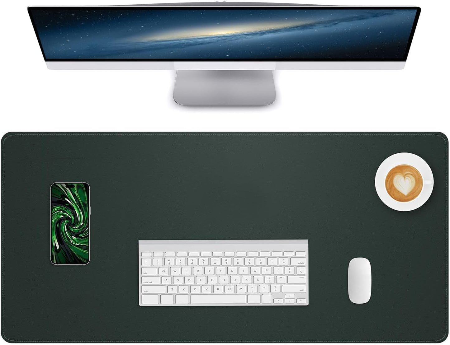 Large Desk Mouse Pad Protector, Stitched Locking Edge Non-Slip PU Leather Desk Mat Laptop Table Pad Blotter, Waterproof Durable Writing Pad for Office and Home (Dark Green, 90 x 43cm)