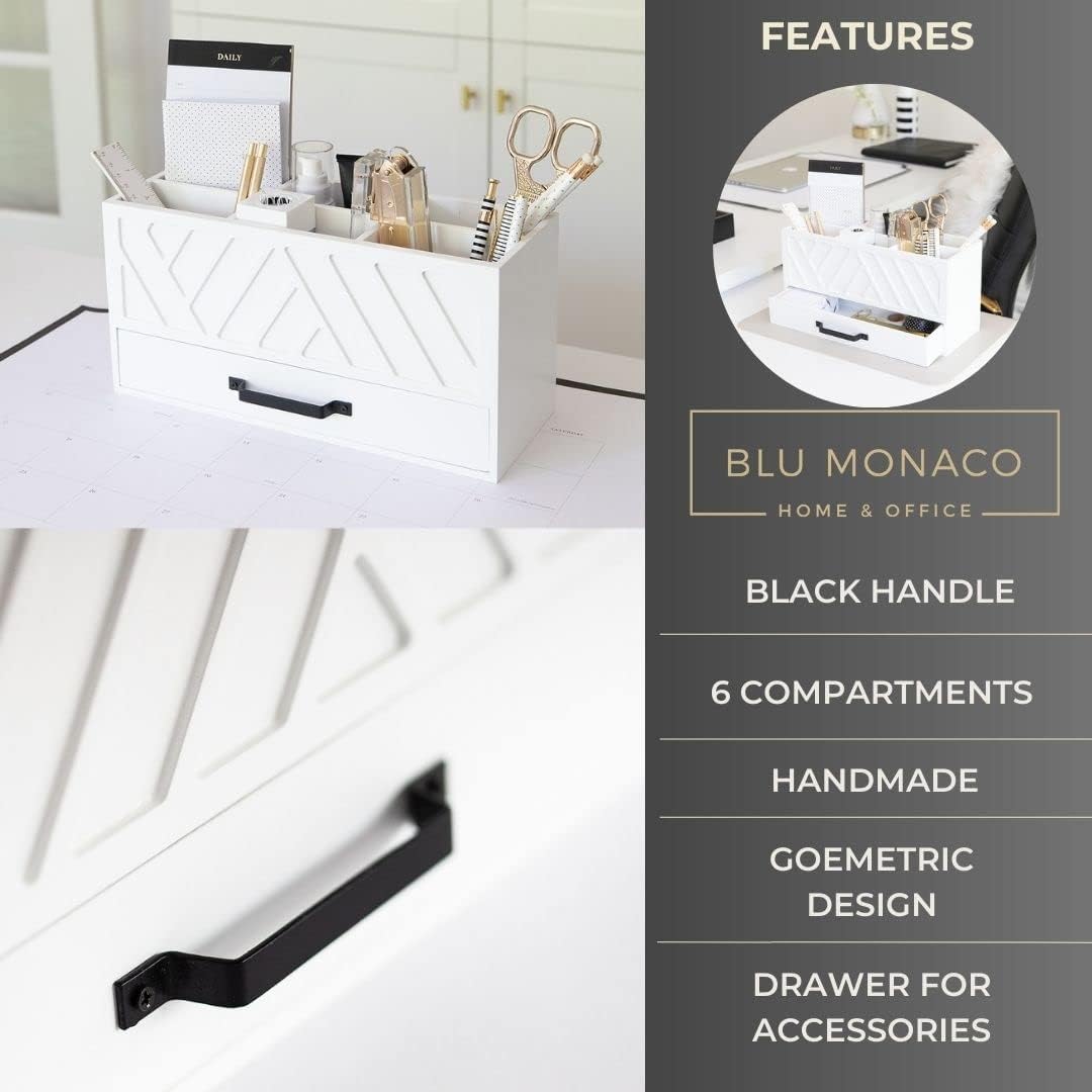 BLU MONACO Stylish White Wooden Pen Holder for Desk: Keep Pens, Markers, and More Organized. With 6 Storage Compartments and a Drawer. Pencil Holder, Marker Storage, and Desk Organizers