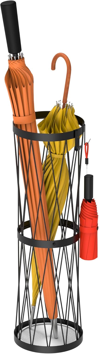 23 Inch Metal Umbrella Holder with Soak Stone and Hooks, Umbrella Stand for Entryway Indoor Outdoor, Umbrella Rack Storage for Home, Office, Hotel