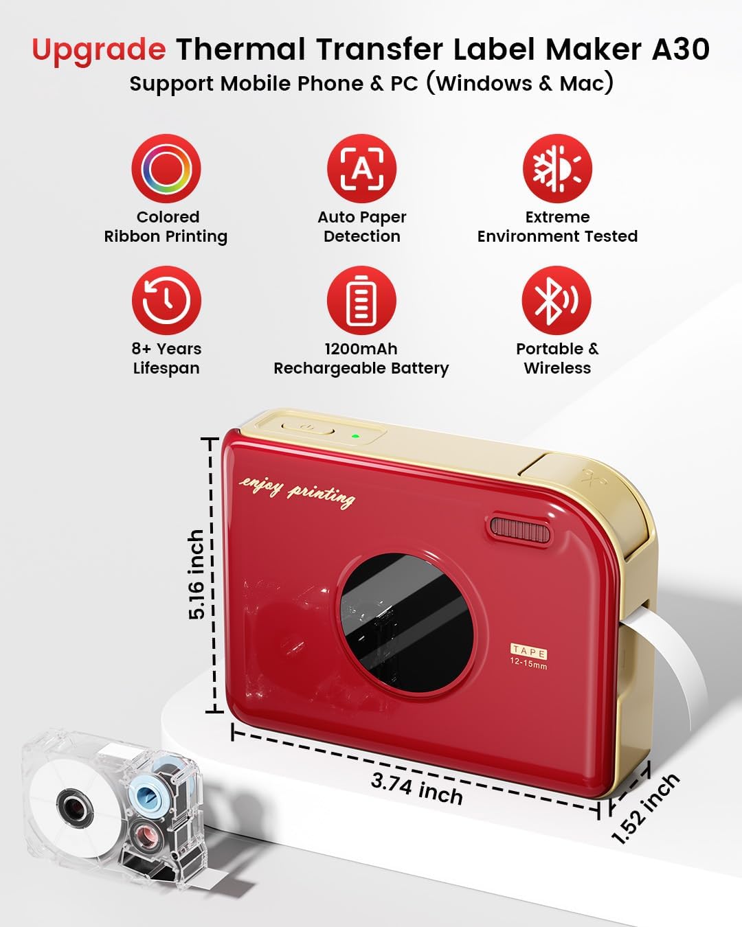 Phomemo A30 Label Laker Machine with Tape, Mini Bluetooth Portabel Color Text Label Printer, Smart Thermal Transfer Printing Sticker Printer for Christmas Decorations Home Office Small Business School