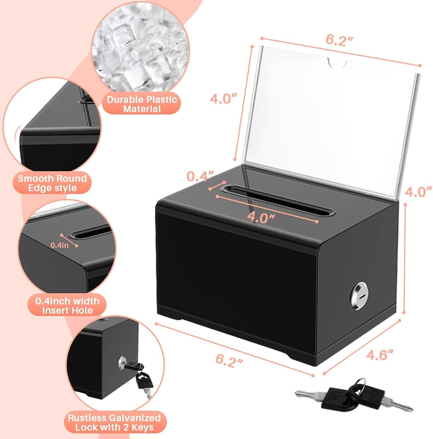 Clear Donation Box with Lock & Sign Holder, Versatile for Fundraising, Ballot Voting, Suggestions, and Tips Jar, Secure Storage Design, Size 6.2x4.6x4.0 Inch, Black 3 Pack