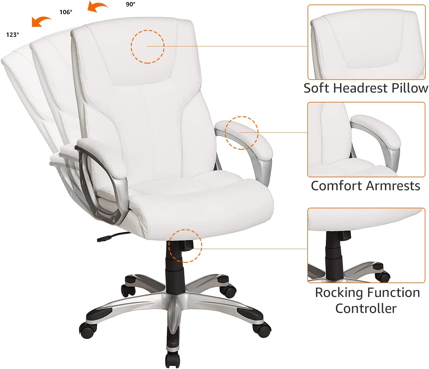 Amazon Basics Executive Home Office Desk Chair with Padded Armrests, Adjustable Height and Tilt, Rolling Swivel Chair, 275 Pound Capacity, White and Pewter
