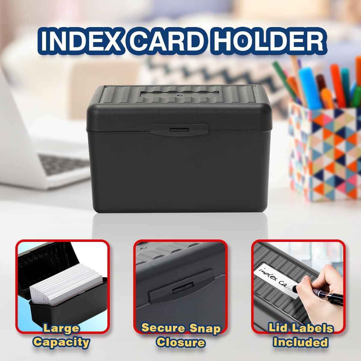 H4D 3x5 Index Card Holder with 100 Heavyweight Ruled Index Cards and 25 Plastic Dividers, Black