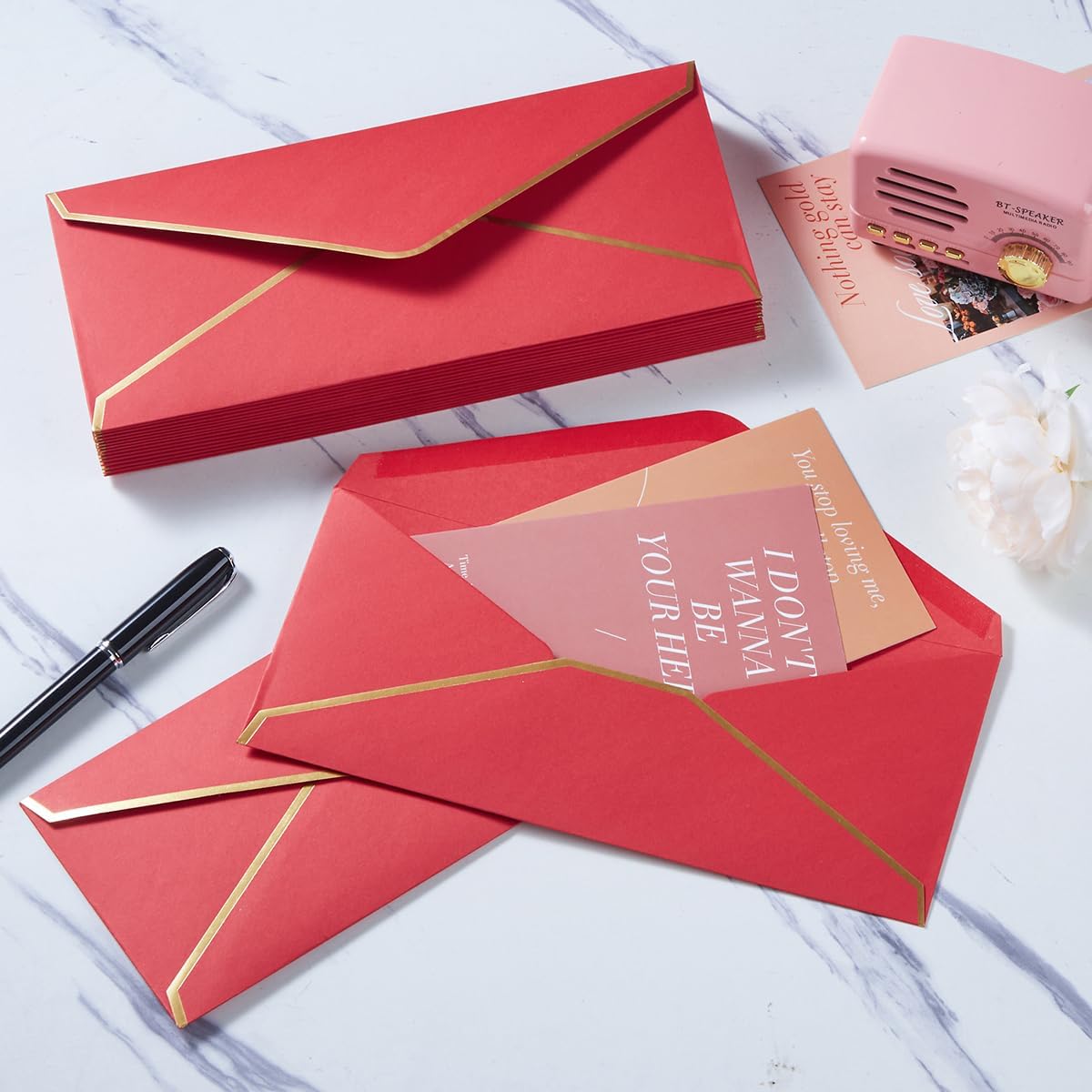 30 Pack Thick #10 Business Envelopes with Gold Border, 4 1/8 x 9 1/2 Thick Paper Standard Envelopes with Stickers for Office, Checks, Letter Mailing, Invoices (Red)