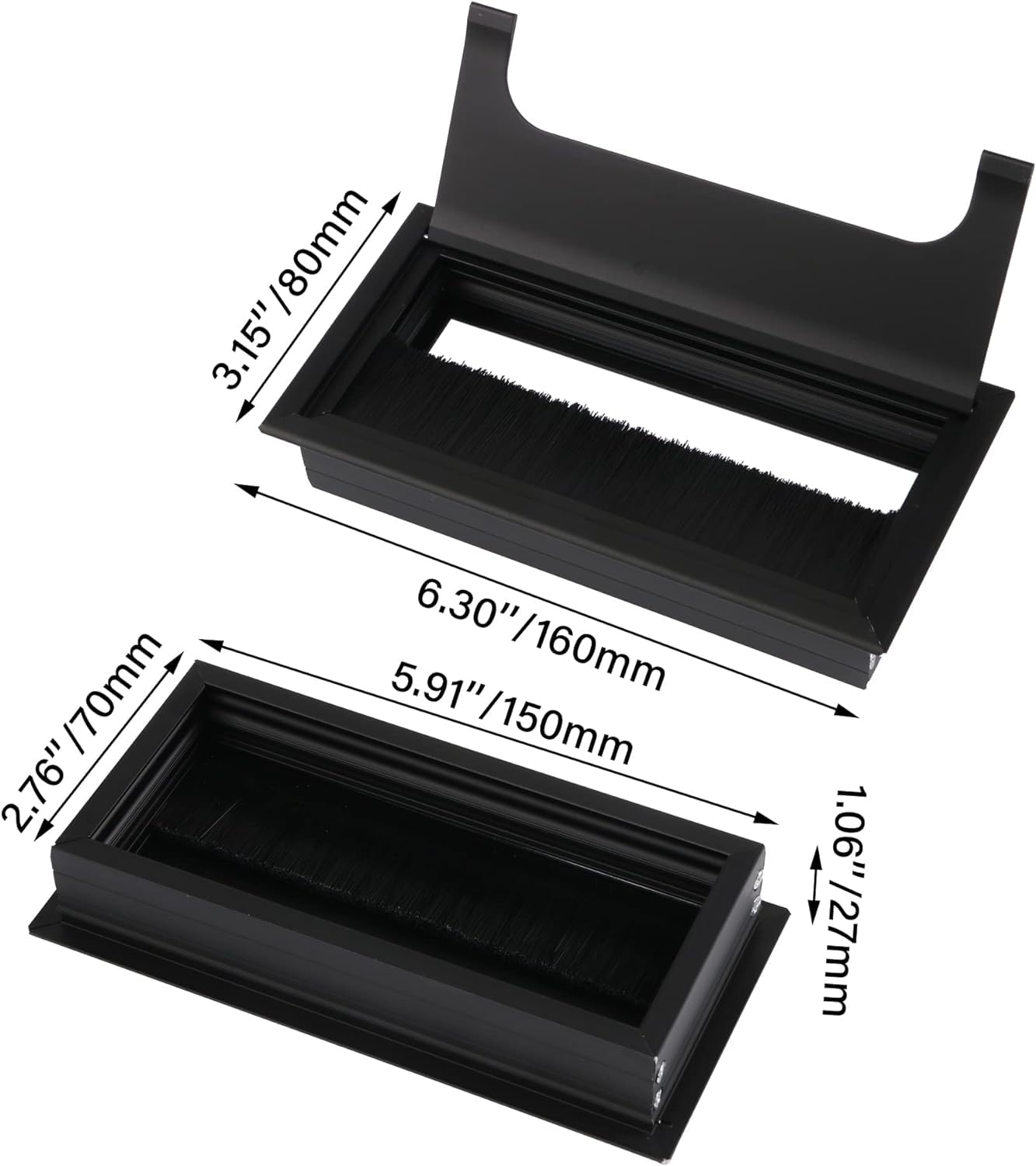 2PCS Desk Grommet Metal Rectangle Desk Cord Cable Hole Cover Grommet with Brush for Home Office Bank Computer Table (black)