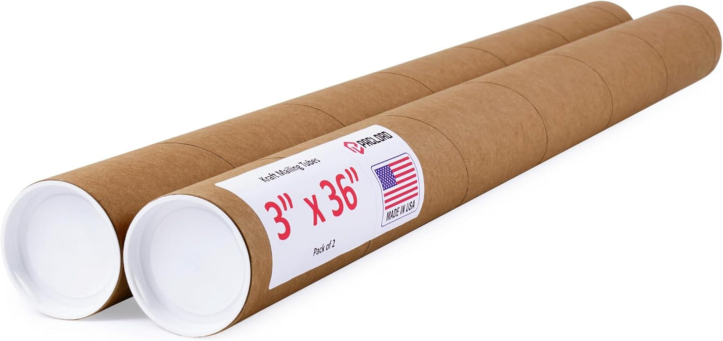 3" x 36" Reinforced Kraft Paper Mailing Tubes, Pack of 2 Tubes with 2 Caps Each – USPS Approved Poster Tube – Made in USA Cardboard Tube for Shipping and Storing Posters, Prints, Artwork, or Documents