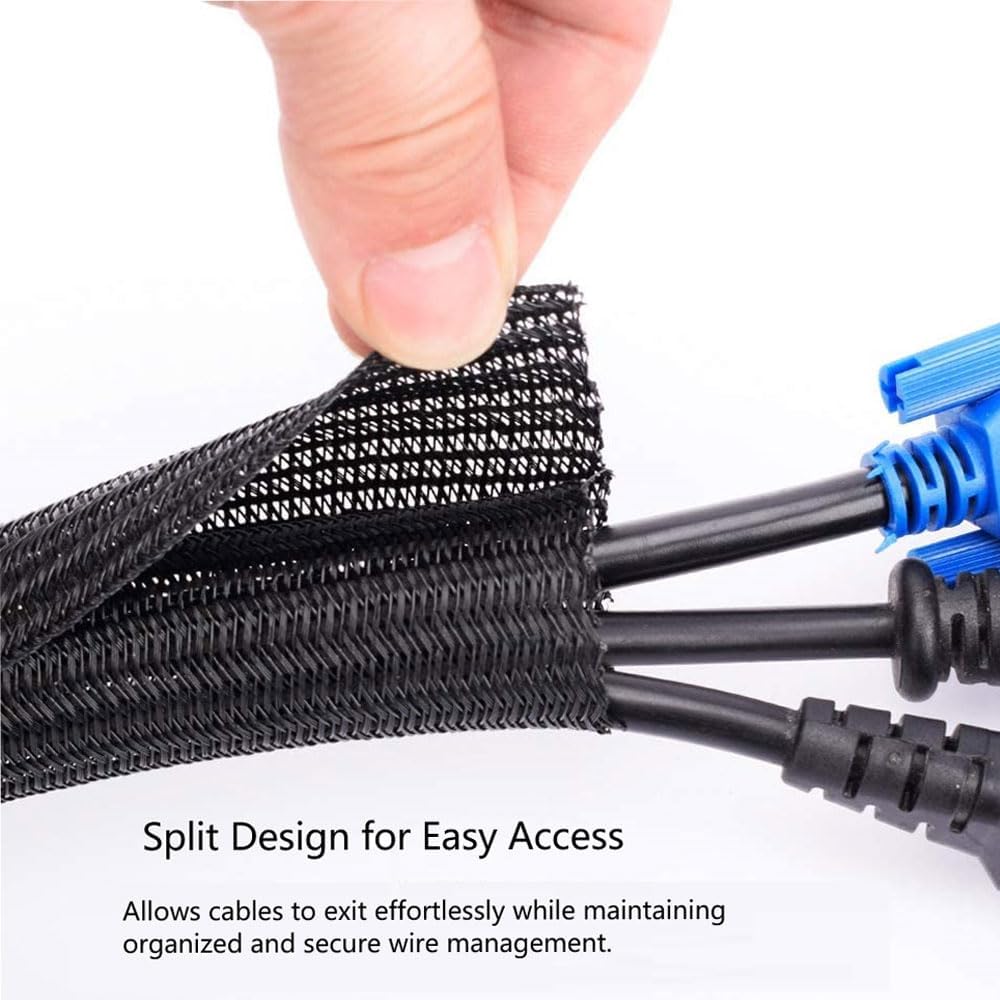 25ft – 1" Split Braided Cable Sleeve – Self-Wrapping Wire Loom Cord Protector for Power Cords, PC, TV, Automotive, and Audio Cable Management – Flexible Cable Organizer – Black