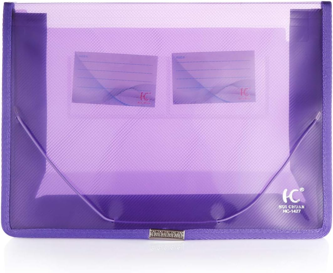 Eco-Friendly Plastic File Folders, Expanding Poly File Wallet, Transparent Expandable Envelope Organizer Document Folder with Elastic Band and Button Closure, with Small Two Pockets, 5 Colors