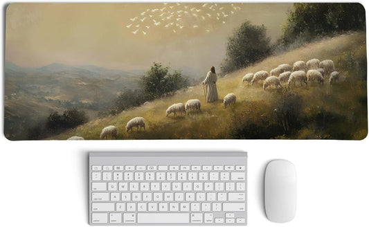 Retro Christian Themed Mouse Pad,Jesus Religious Mouse Pad,Big Large Vintage Easter Desk Mat,Jesus The Good Shepherd,Religious Gifts Christian Gifts for Women,Christian Room Decor,31.5x11.8In