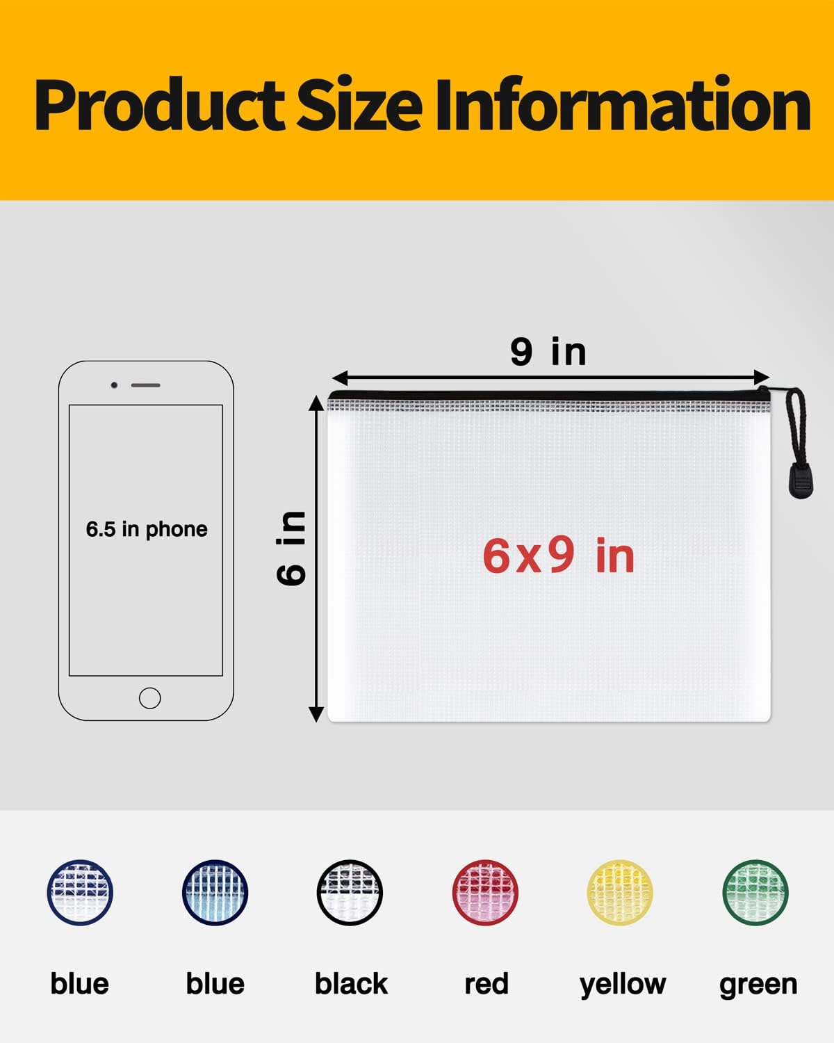 SUNEE Plastic Mesh Zipper Pouch 6x9 in (Black, 18 Packs),Extra Large Water-Resistant Zip Bag for School Office Supplies, Puzzles & Games Organizing Storage