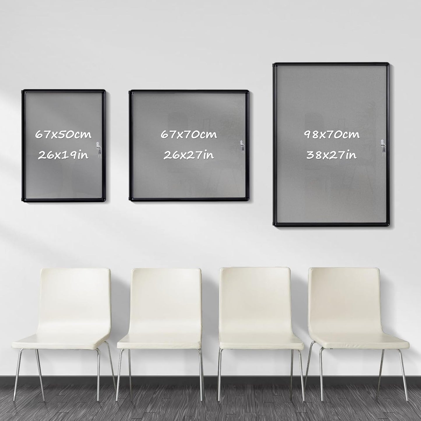 Enclosed Bulletin Board Lockable Display Case Message Board with Locking Door for Indoor, Grey Felt, Black Aluminum Frame, 28 X 26 in