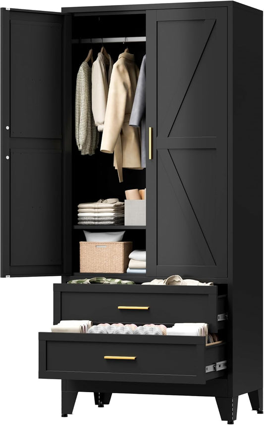 71" Tall Metal Wardrobe Cabinet with 2 Drawers and Hanging Rod, 2 Doors Armoire Wardrobe Closet with Shelf for Bedroom, Office, Laundry Room, Black