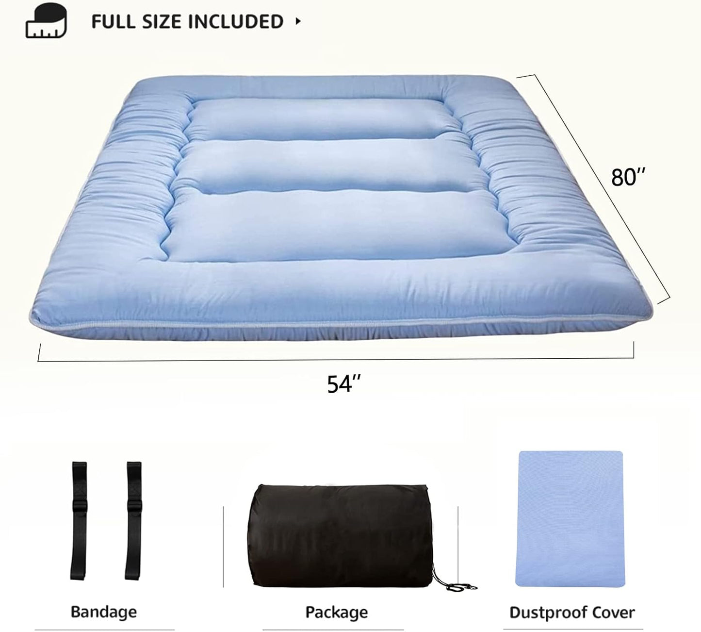 MAXYOYO Japanese Floor Mattress Futon Mattress, Thicken Sleeping Pad Foldable Roll Up Floor Futon for Adults Tatami Mat Dormitory Bed Lounger, Dusty Blue, Full Size