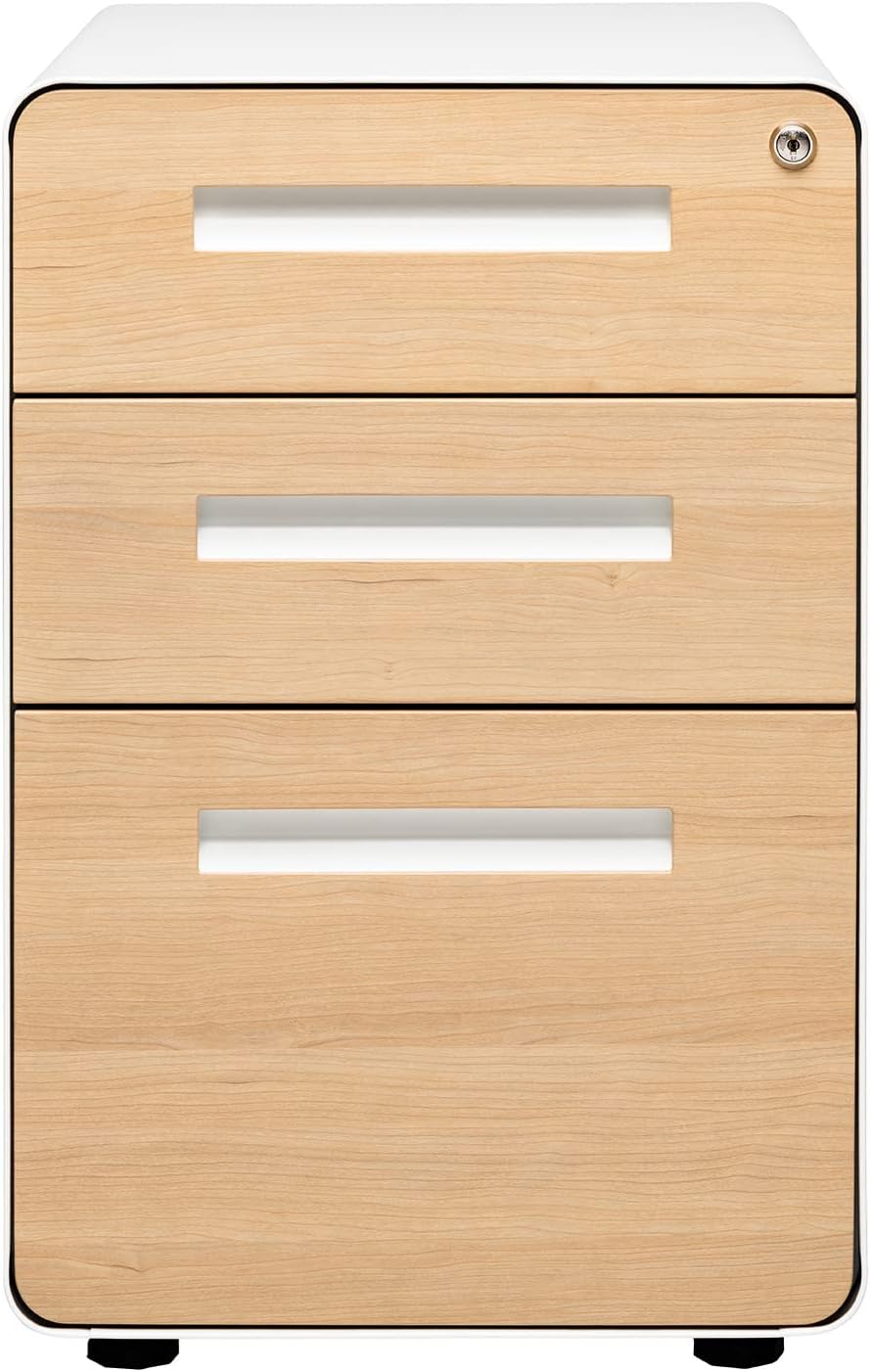 Laura Davidson Furniture Stockpile 3 Drawer File Cabinet with Lock - Under Office Desk Metal Filing Cabinet, Legal/Letter File Folders, Wheels and Stationary Feet, Pre-Assembled, White/Wood