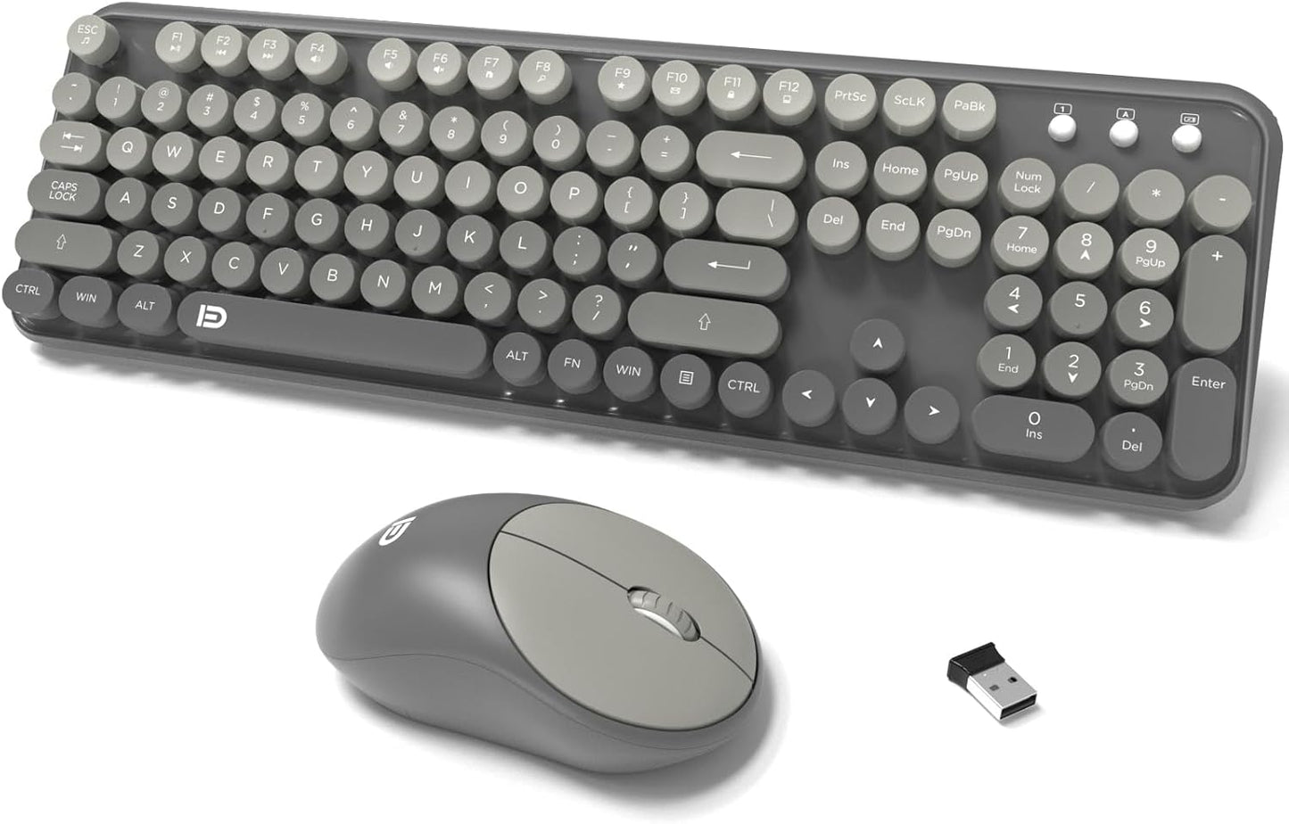 Wireless Keyboard and Mouse Combo, 2.4 GHz Wireless Full-Sized Typewriter Keyboard with Round Keycaps for Windows, Computer, Desktop, PC, Laptop (Grey)