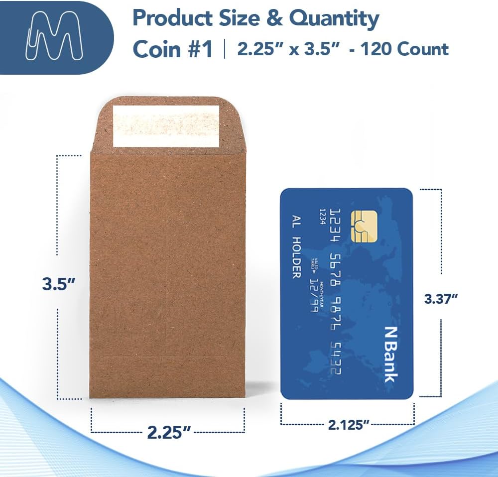 MOS #1 Brown Coin Envelopes 2.25 x 3.5 Inch 120 Pack — Self-Seal Small Kraft Envelopes for Coins, Seeds, Small Parts, Collectibles, Jewelry, Craft Storage