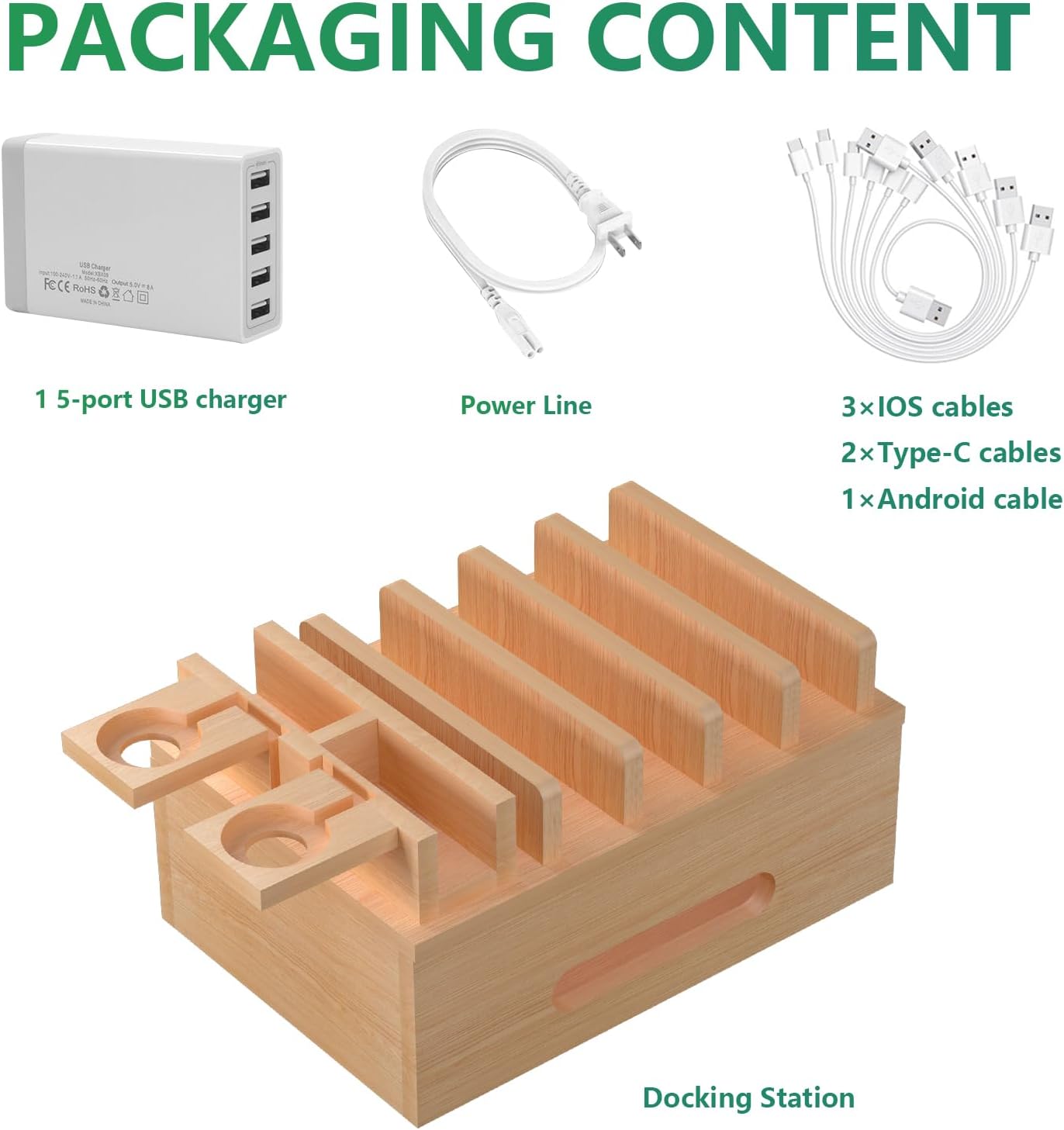 Bamboo Charging Stations for Multi Devices with 5 Port USB Charger, 6 Cables, Desktop Wood Docking Station Charger Organizer for Cell Phones, Tablets,Earphone, Watches