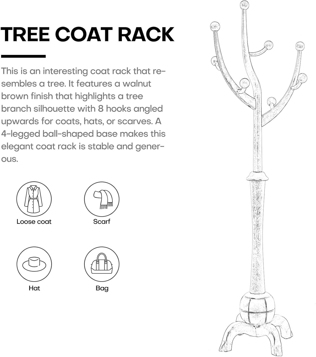 Heavy Duty Coat Rack Freestanding Wood Tree Rack with 8 Hooks, Unique Design Tree Branch-look, Premium Coat Tree Clothes Hanger Stand with Sphere Base for Entryway, Hallway, Bedroom-Load 160lbs Black