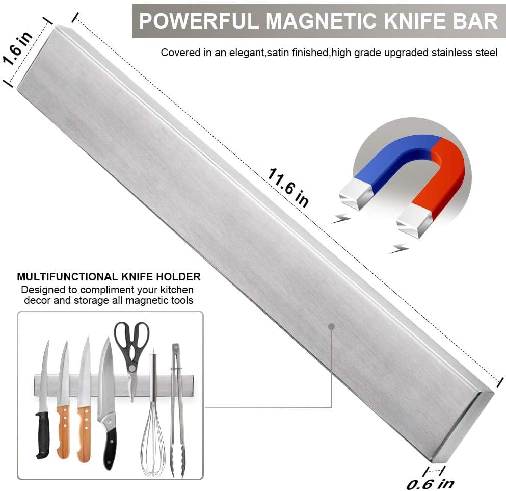Ninonly 12 Inch Magnetic Knife Strip, Premium Stainless Steel Wall Mounted Kitchen Knives Bar,Space-Saving Powerful No Drilling Magnetic Knife Rack for Home Kitchen Utensil Holder & Tool Holder