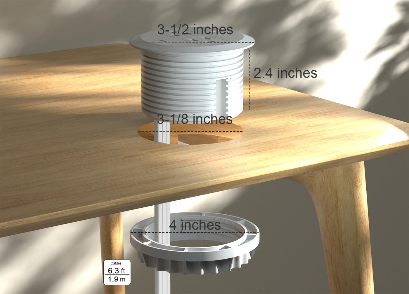 2pcs 3 Inch Desktop Power Grommet,GaN 65W USB C High-Speed Charging Station,3-USB Port,Flush Mounted for 3-1/8" Round Holes,Flat Plug.Desk Grommet Outlet for Workspace,Laptops,6.3ft,White