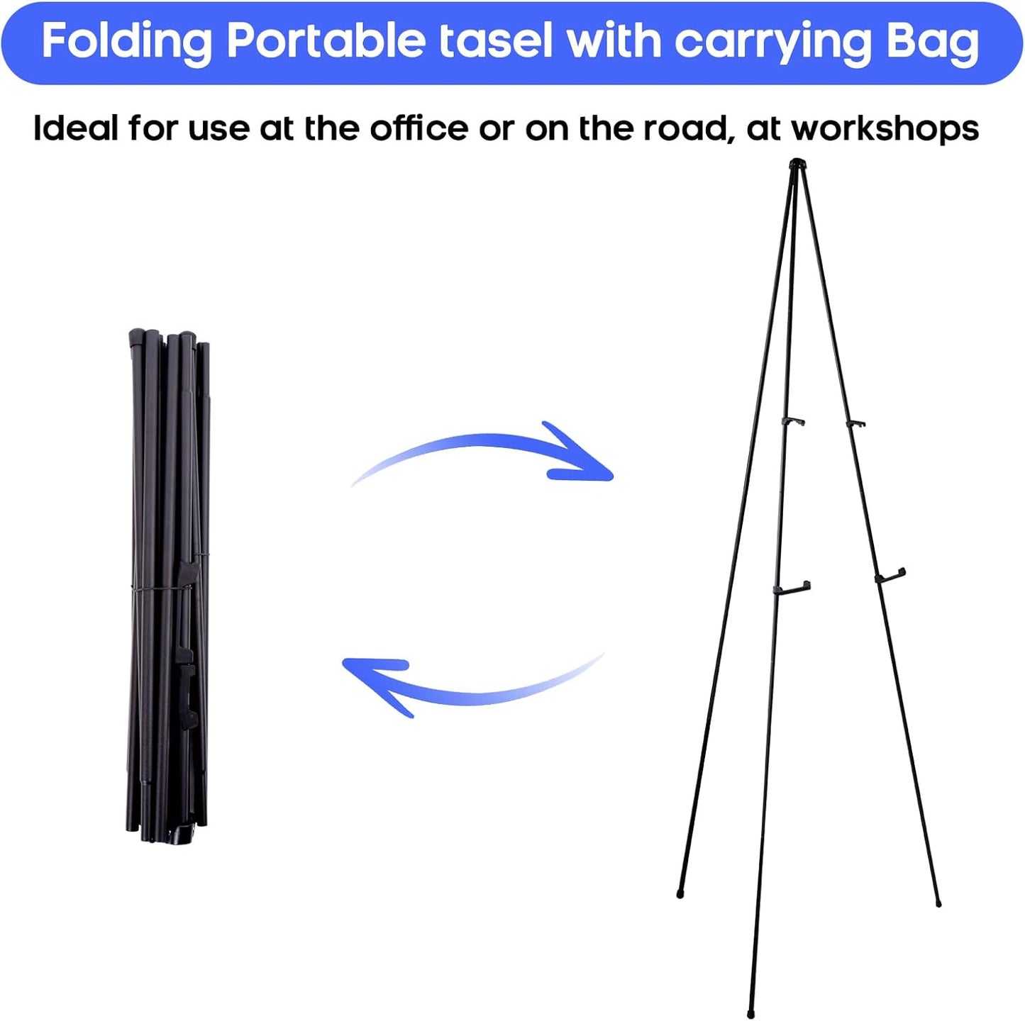 Portable Easel Stand for Posters, Lightweight Tripod Display with Collapsible Design, Sturdy Black Steel Frame, Holds Up to 5 lbs, Ideal for Events, Art & Signage. (2 Pack-Black)