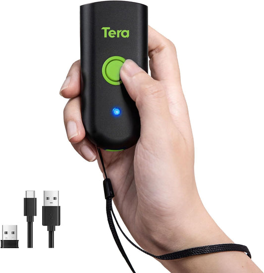 Tera Mini 1D Barcode Scanner: Pocket Waterproof Wireless Laser Scanner 3 in 1 Compatible with Bluetooth USB Wired Portable Bar Code Reader for Store Logistics Work with iOS Windows Android 1100L Green