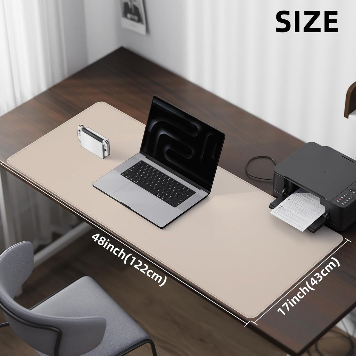 Leather Desk Pad Protector Large Mouse Pad, Stitched Locking Edge Non-Slip PU Leather Desk Mat Laptop Desk Pad Blotter, Waterproof Durable Writing Pad for Office and Home (Beige, 120 x 43cm)