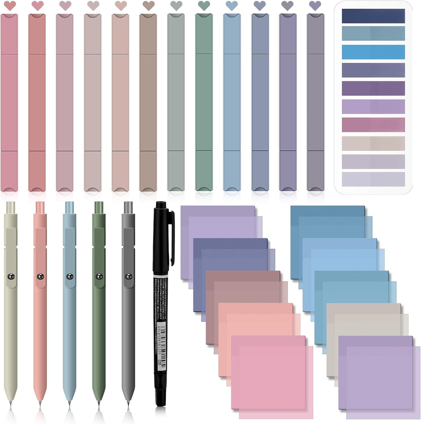 Jutom 38 Pcs Book Annotation Kit Aesthetic Highlighters Gel Pens Set Sticky Notes Tabs Markers Dual Ended Highlighter Quick Dry Ink Pens for Office Annotating Books(Purple Series,Square)